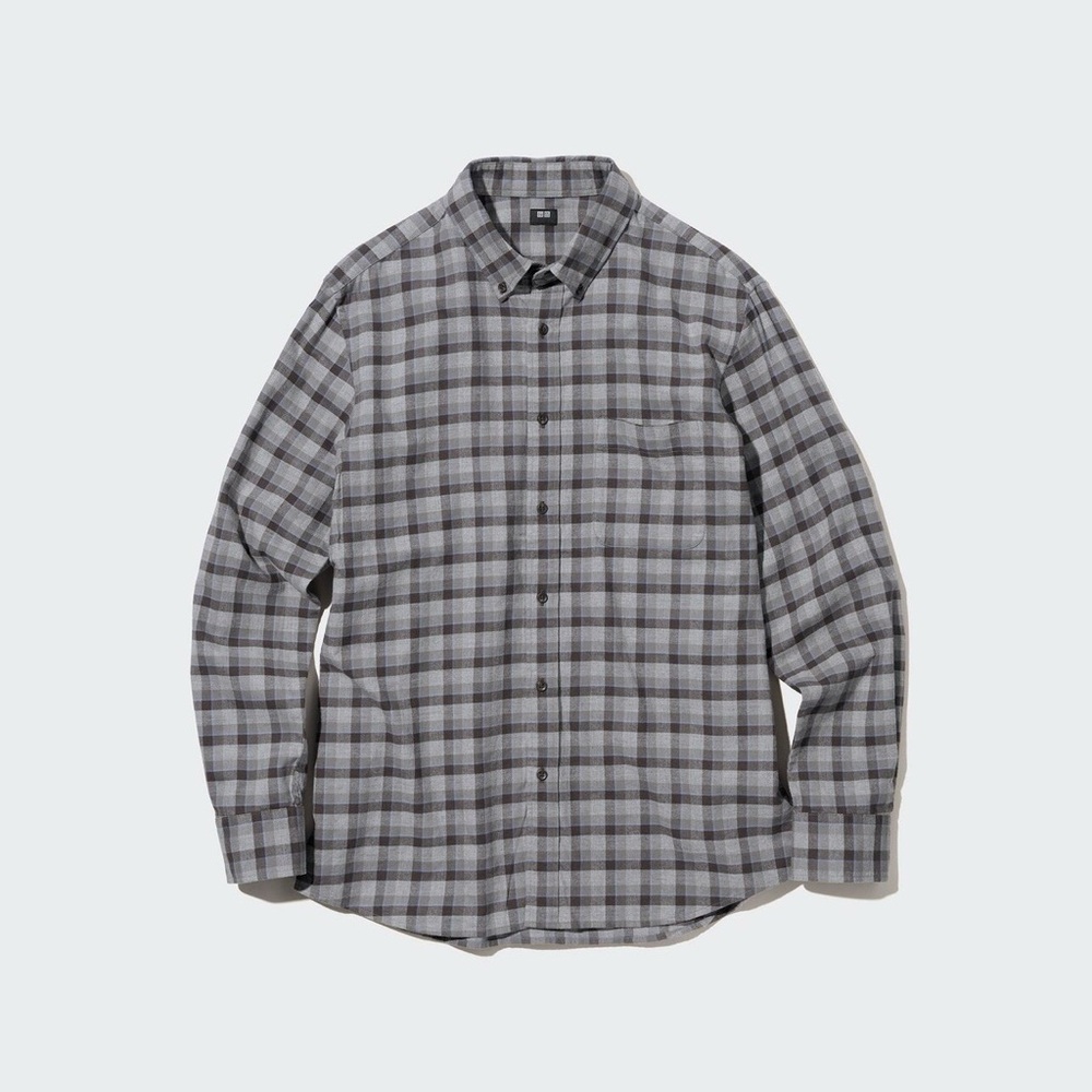 Uniqlo Men's Black and Gray 100% Cotton Flannel Plaid Checkered Shirt